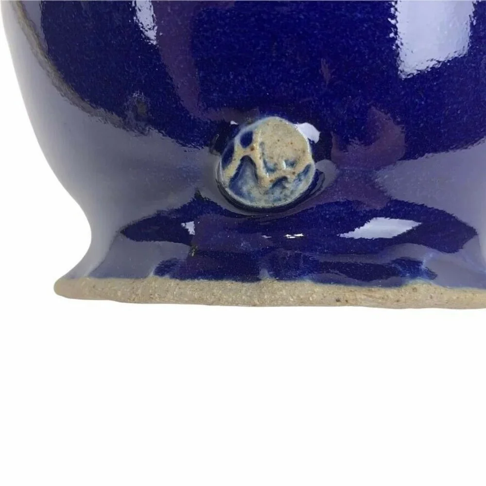 Artist Stamped Pottery Basket Vase Fluted Crimped‎ Rim Twisted Handle Blue Grey